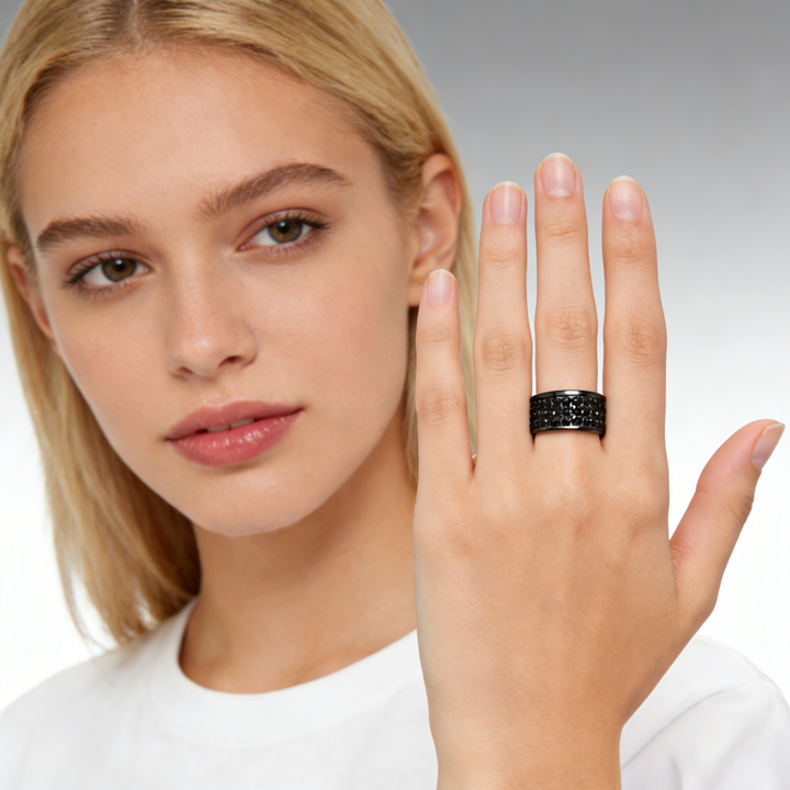 Multi-Row Pavé Wide Band Ring (Edgy Titanium Steel Statement Ring)