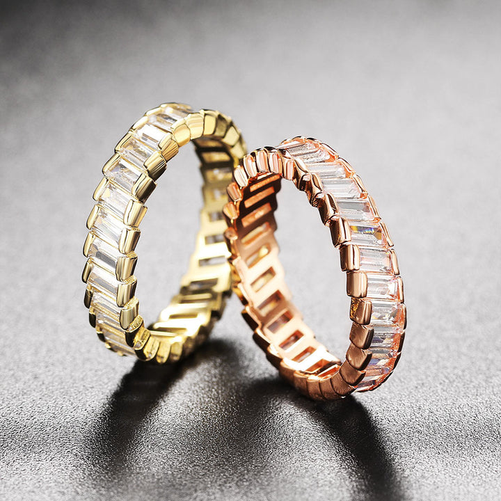 Baguette Chain Link Eternity Ring, 3 Colors Full Diamond Hollow Band For Women