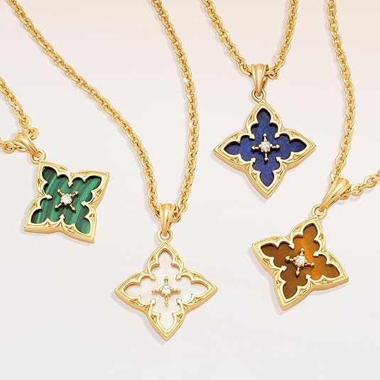 Vintage Four-Leaf Clover Gemstone Necklace, S925 Sterling Silver Multi-Stone Rhombus Pendant Jewelry