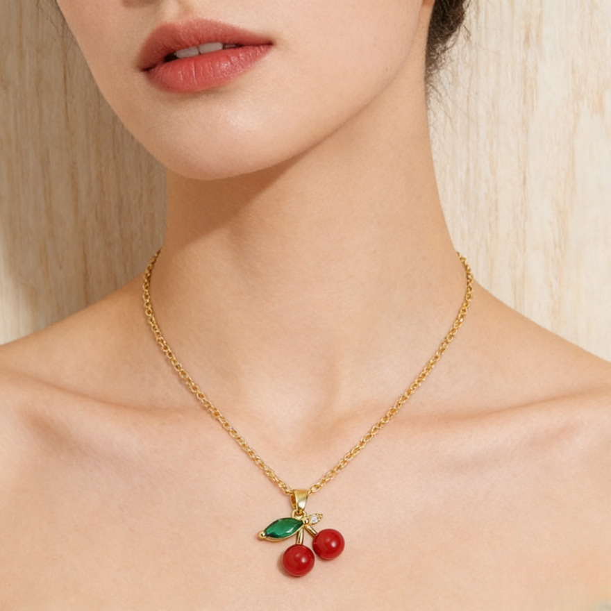 Sweet Cherry Pendant Necklace Collection (Gold Tone Delicate Chokers)