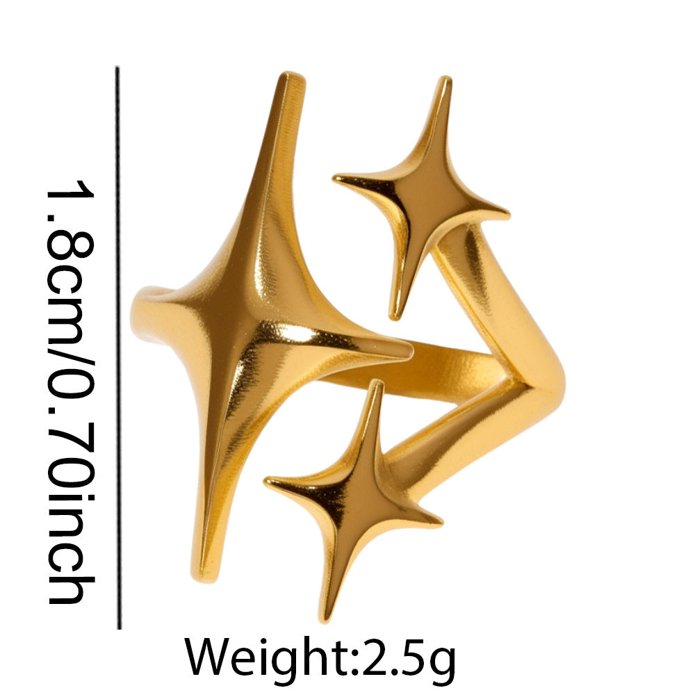 3D Triple Four-Pointed Star Open Ring, S925 Silver 14K Gold Plated Minimalist Star Statement Band For Women