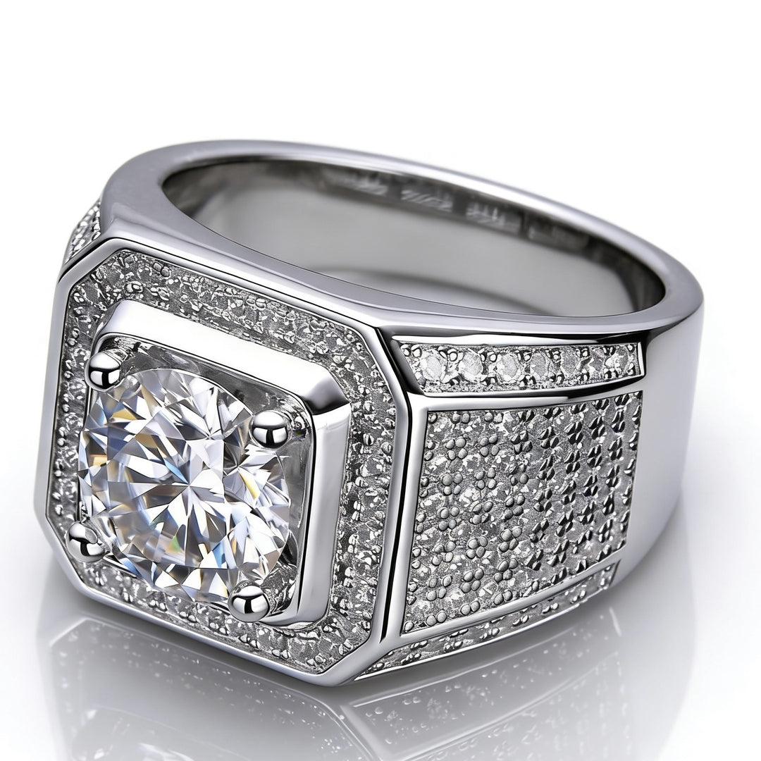 Heavy Square Halo Main Stone Men Ring, European Wide Full Paved Diamond Business Statement Band for Men
