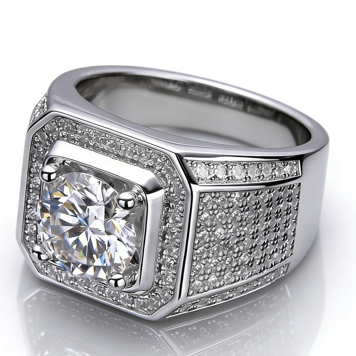 Heavy Square Halo Main Stone Men Ring, European Wide Full Paved Diamond Business Statement Band for Men
