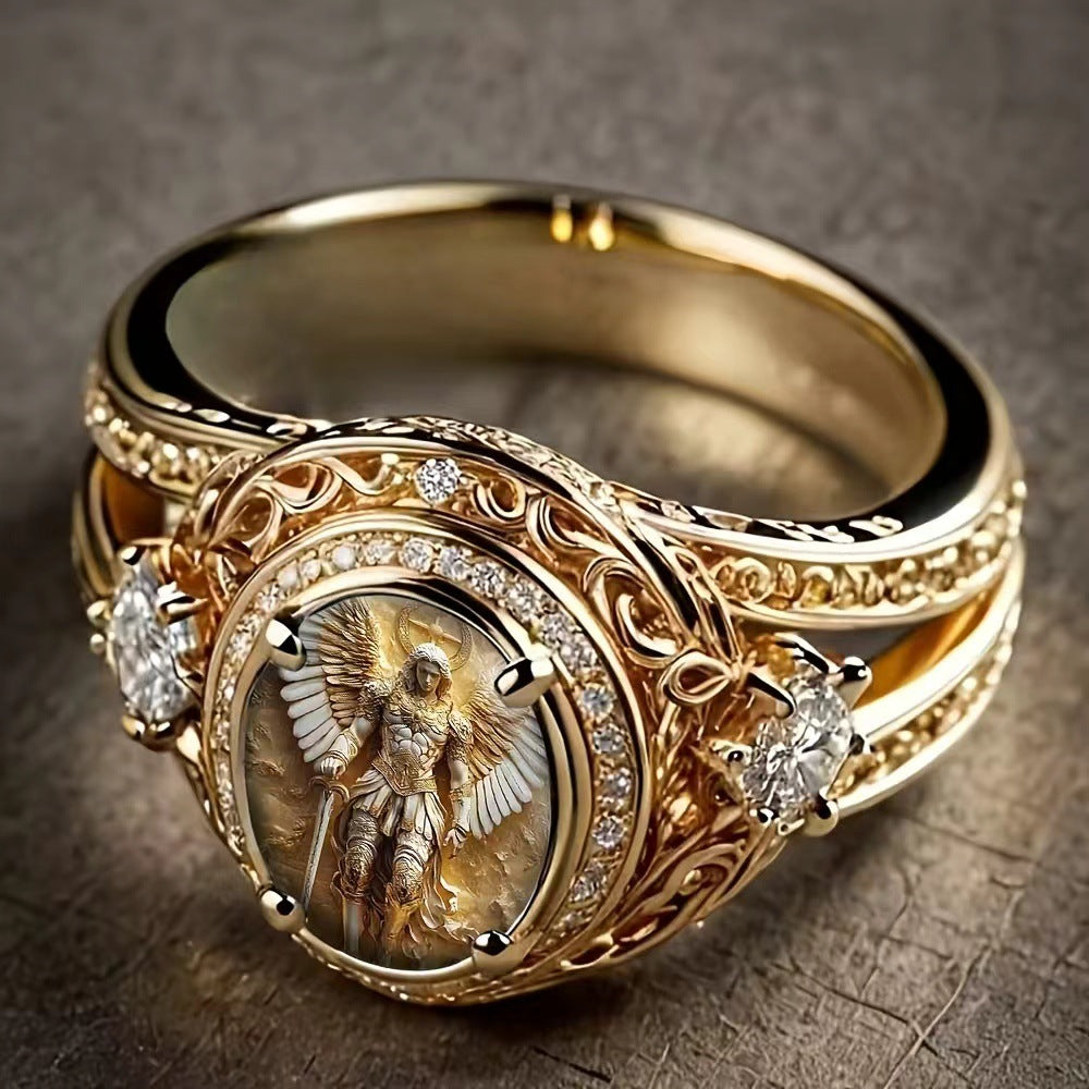 Vintage Embossed Angel Paved Crystal Heavy Signet Ring, S925 Silver Gold Plated Luxury Retro Wide Band For Men