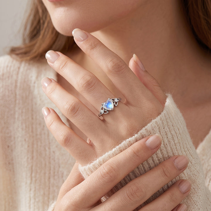 S925 Silver Heart‑Shaped Moonstone Engraved Ring, Celtic Knot Romantic Statement Ring for Women