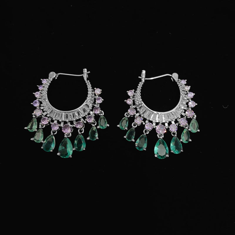 Heavy Craft Gem Crescent Teardrop Dangle Hoop Earrings, Full Paved Multi-Layer Tassel Click Hoop, Luxury Stage Banquet Formal Jewelry