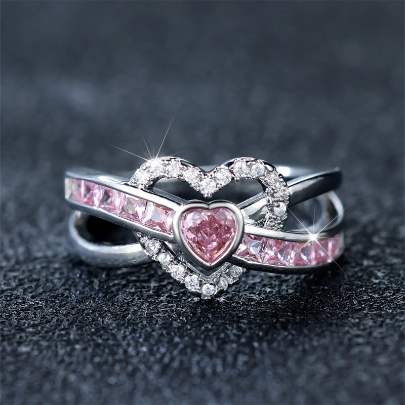 Sweet Pink Heart Intertwined Ring (Girly Paved Statement Band)