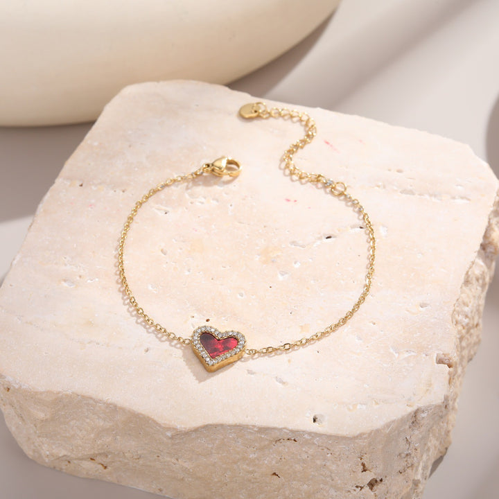 White Shell & Diamond Heart Pendant Necklace & Bracelet Set (Elegant Daily Jewelry Set)