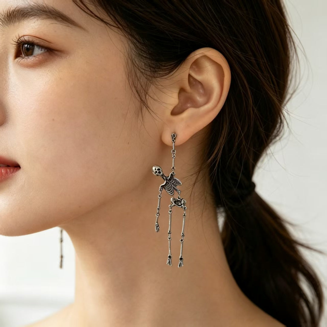 Vintage Antiqued Skeleton Stud Earrings With Heart, Gothic Long S925 Silver Unique Earrings