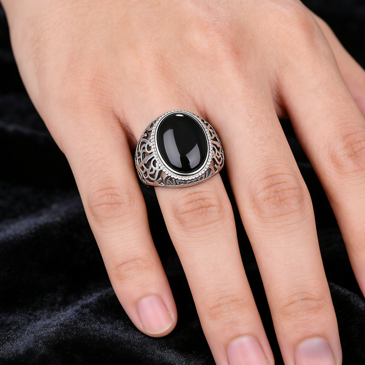 S925 Silver Black Onyx Openwork Carved Men's Ring (Vintage Luxury Gentleman's Band)