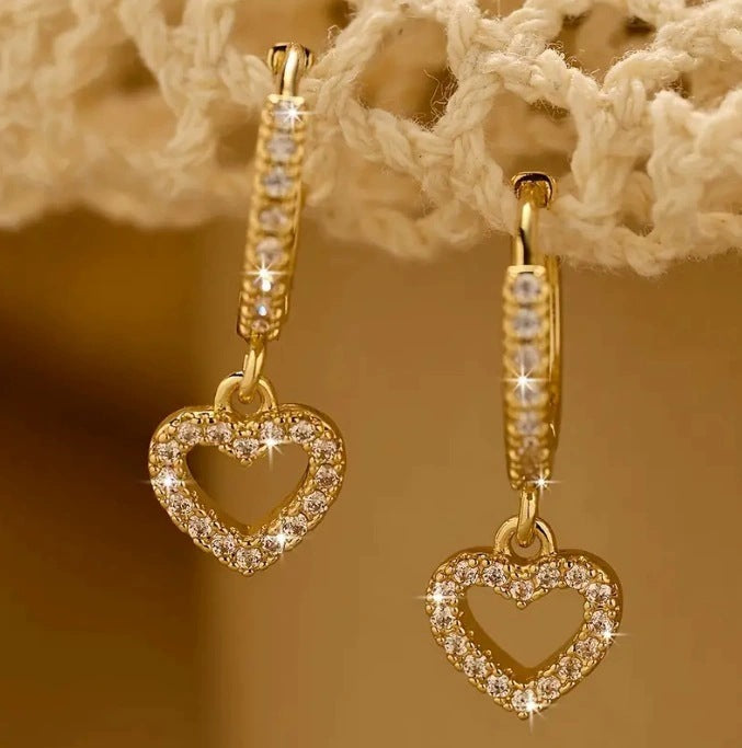 Diamond Heart Drop Huggie Earrings (2 Colors Delicate Statement Hoops)