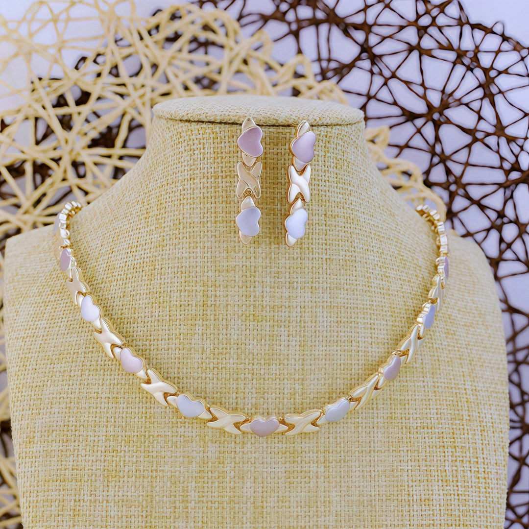 Sweet Two-Tone Enamel Heart Jewelry Set, 3Pcs Necklace Bracelet Earrings Heart Matching Jewelry