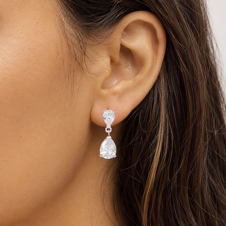 Double Teardrop Diamond Drop S925 Silver Earrings, Luxury Two Linked Pear Cut Diamond Long Dangle Earrings, Gold & Silver Two Tones