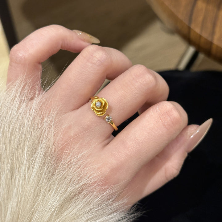 Vintage Rose Diamond Gold Tone Ring (French Romantic Statement Band)