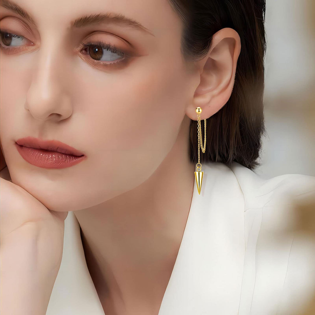 Double Chain Cone Spike Long Stud Earrings, Punk Taper Tassel Jewelry Gold Silver Black S925 Silver Dangles