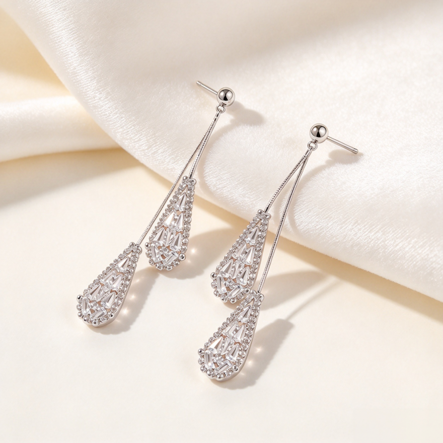 Double Layer Teardrop Full Diamond Long S925 Silver Threader Earrings, Luxury Baguette Cut Diamond Dangle Earrings, Gold & Silver Two Tones