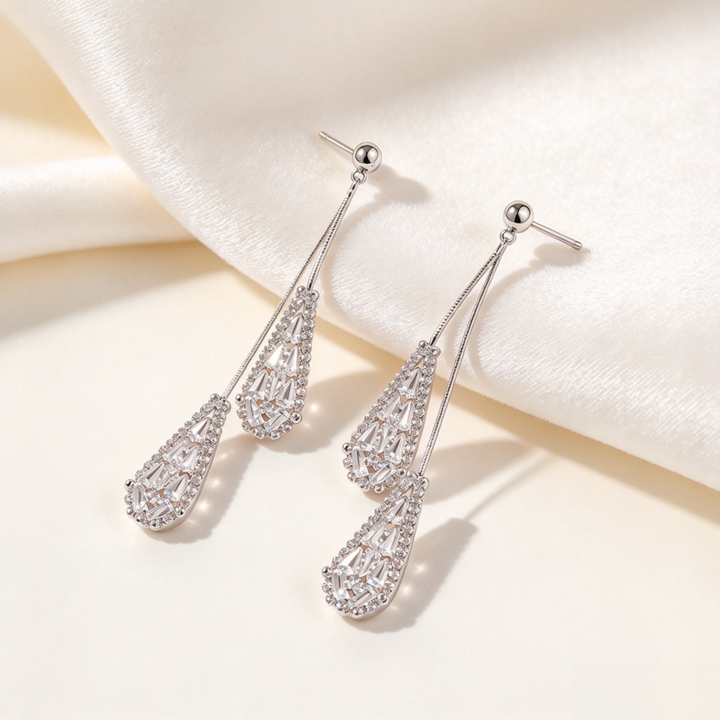 Double Layer Teardrop Full Diamond Long S925 Silver Threader Earrings, Luxury Baguette Cut Diamond Dangle Earrings, Gold & Silver Two Tones