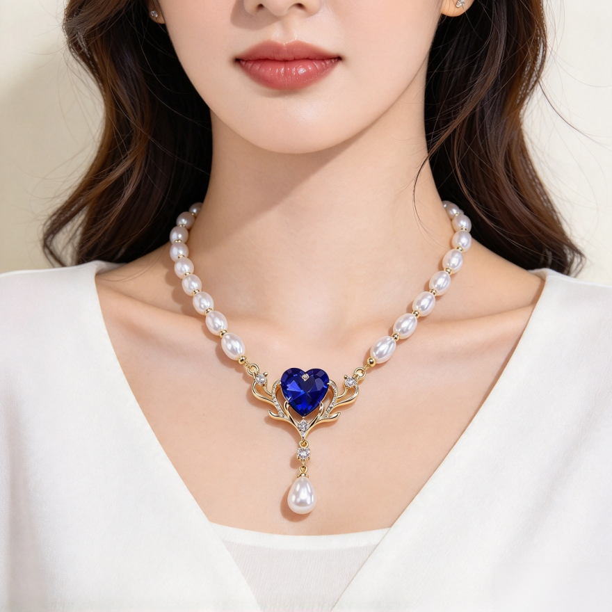 Vintage Pearl Necklace With Blue Heart Stone S925 Silver Gold‑Plated