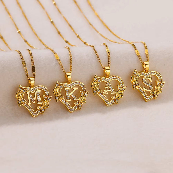 Vintage Flower Heart Pave Crystal Letter Necklace, 316L Stainless Steel 14K Gold Plated Luxury A-Z Initial Pendant Clavicle Chain Niche Jewelry