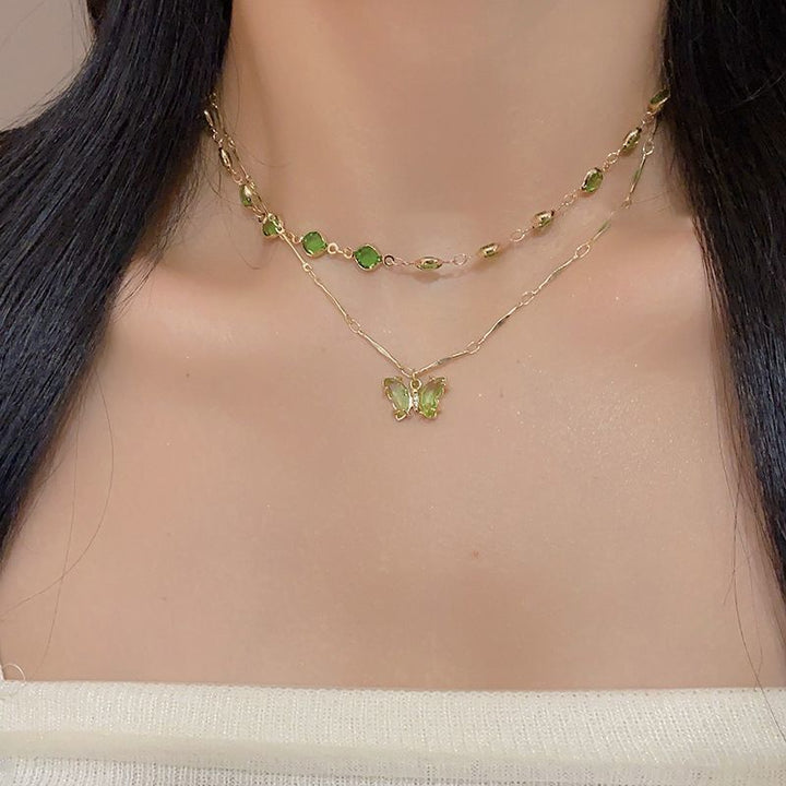 Two-Layer Stackable Color Crystal Butterfly Necklace, Bezel-Set Round Diamond Chain with Butterfly Pendant, Fresh Forest-Style Double Collarbone Chain