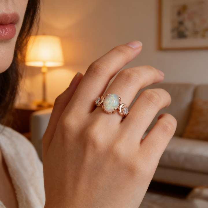Moon & Star Opal Rose Gold Ring (Dreamy Girly Statement Band)