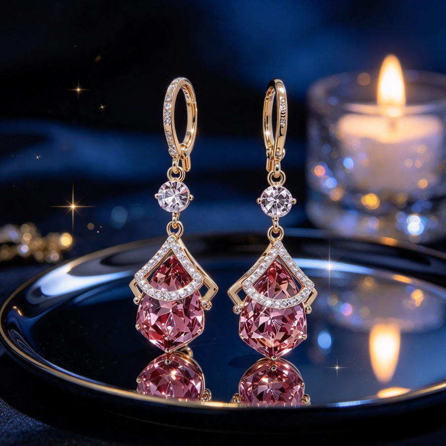 Pink Teardrop Diamond Drop Hoop Earrings