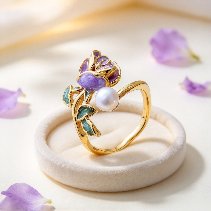 Enamel Rose Pearl Open S925 Silver Gold‑Tone Ring