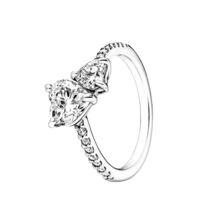 Two Heart Shaped Stone Ring, Gold & Silver Luxury Promise Engagement Diamond Band
