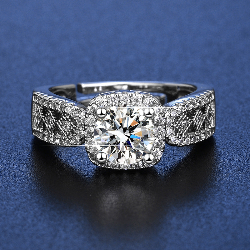 S925 Silver Halo‑Set Diamond Open Ring, Vintage Lace Hollow Engagement Ring for Women