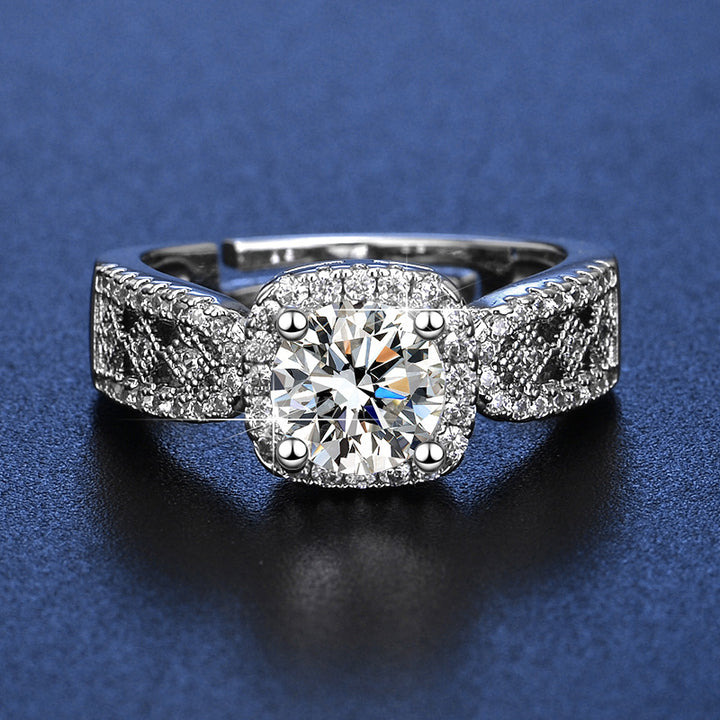 S925 Silver Halo‑Set Diamond Open Ring, Vintage Lace Hollow Engagement Ring for Women