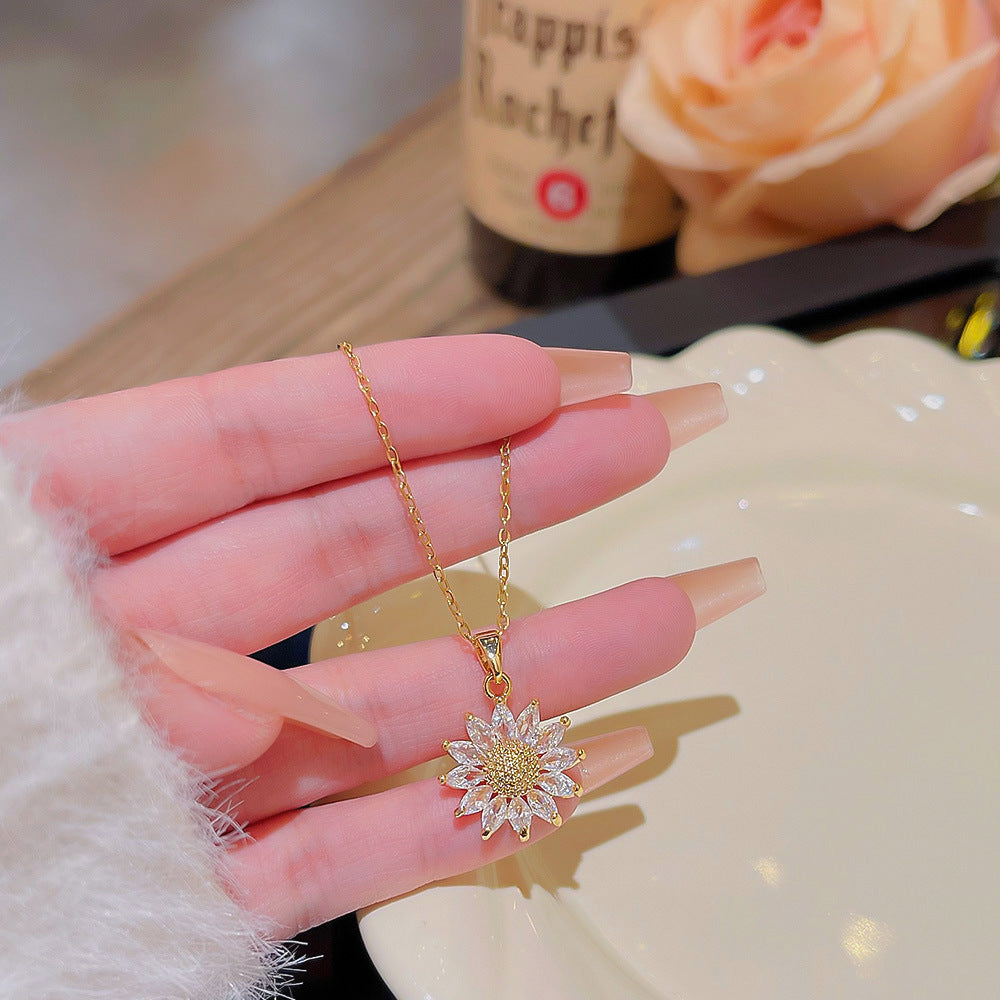 Pave Diamond Sunflower Collarbone Necklace, Marquise Crystal Sun‑Flower Pendant, Gold & Silver Two‑Tone Multiple Chain Styles Dainty Jewelry