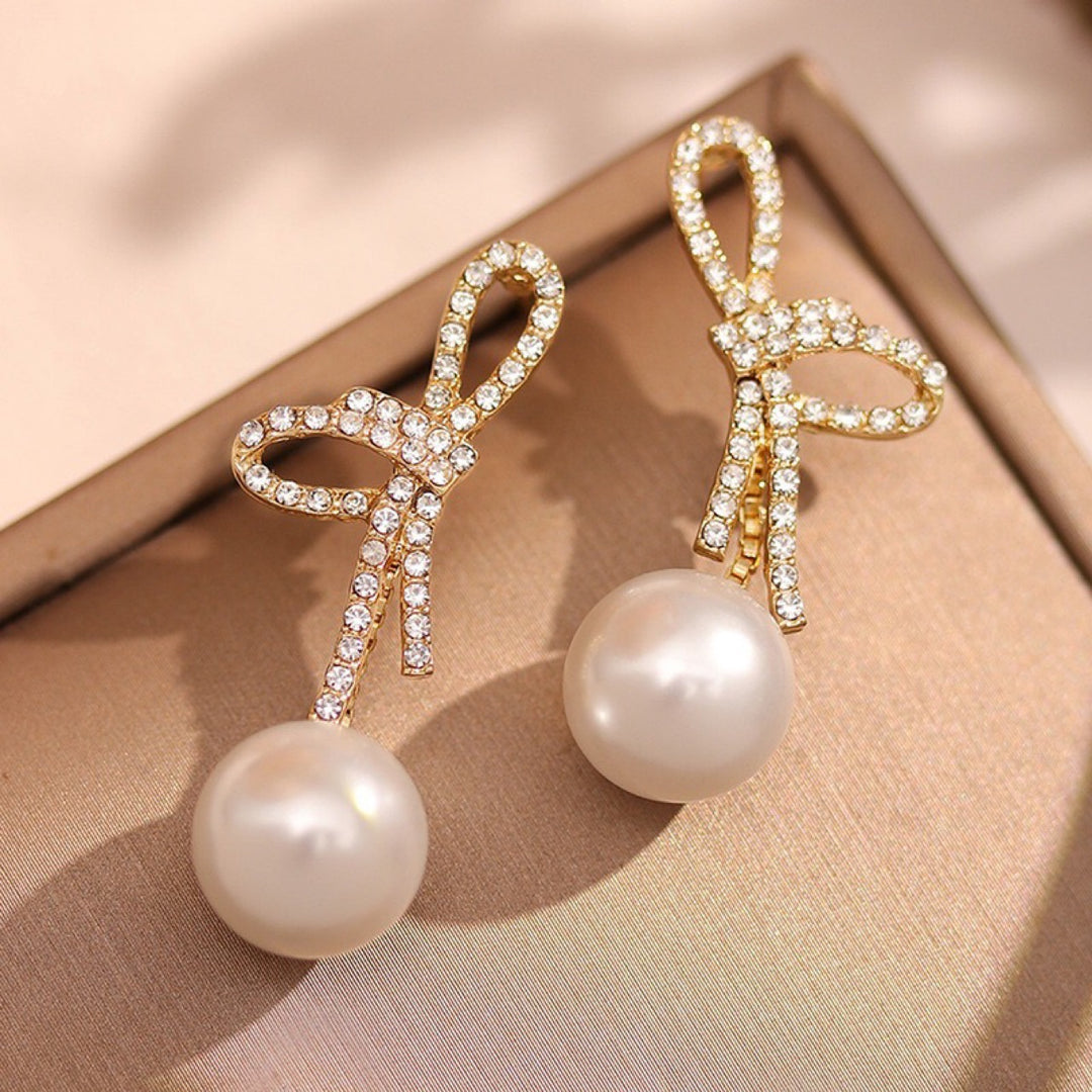 Paved Crystal Bow Pearl Drop Stud Earrings, Sweet Luxury Bow Dangle Pearl Earrings