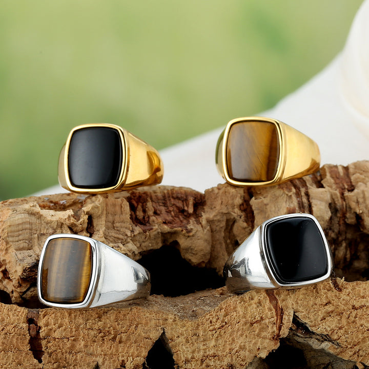 Square Cabochon Stone Bezel Men Signet Ring, Gold Silver Onyx Tiger Eye Vintage Band