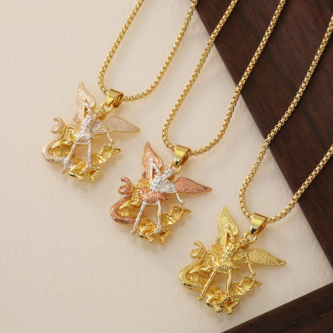 Archangel Defeating Dragon 3D Relief Pendant Necklace, 3‑Tone Vintage Heavy‑Craft Men’s Box‑Chain Necklace