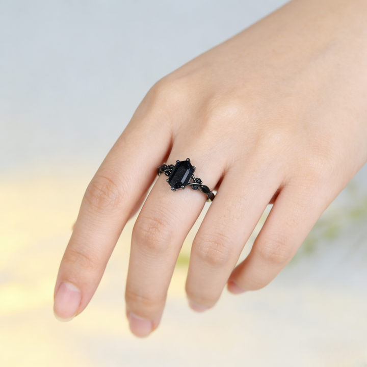 Black Gold Blue Sandstone Vine Ring (Gothic Edgy Statement Band)