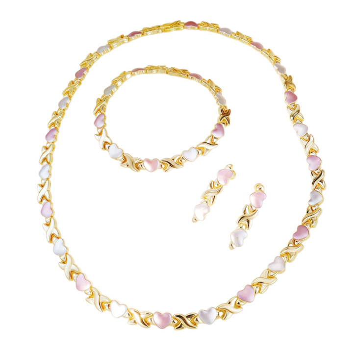 Sweet Two-Tone Enamel Heart Jewelry Set, 3Pcs Necklace Bracelet Earrings Heart Matching Jewelry