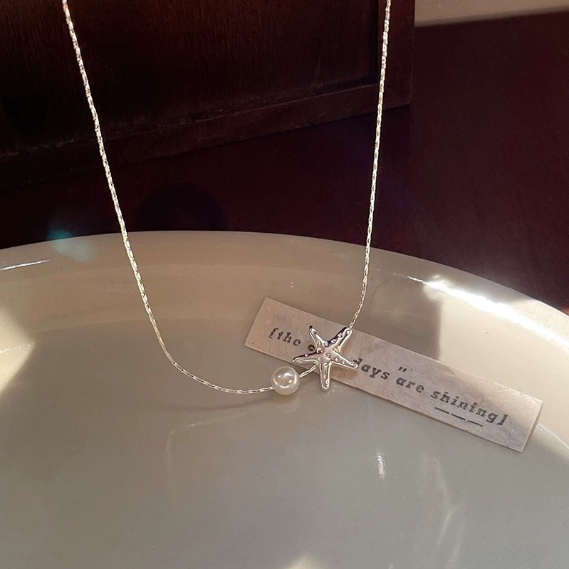 Starfish & Pearl Pendant Necklace (Silver Ocean-Inspired Choker)