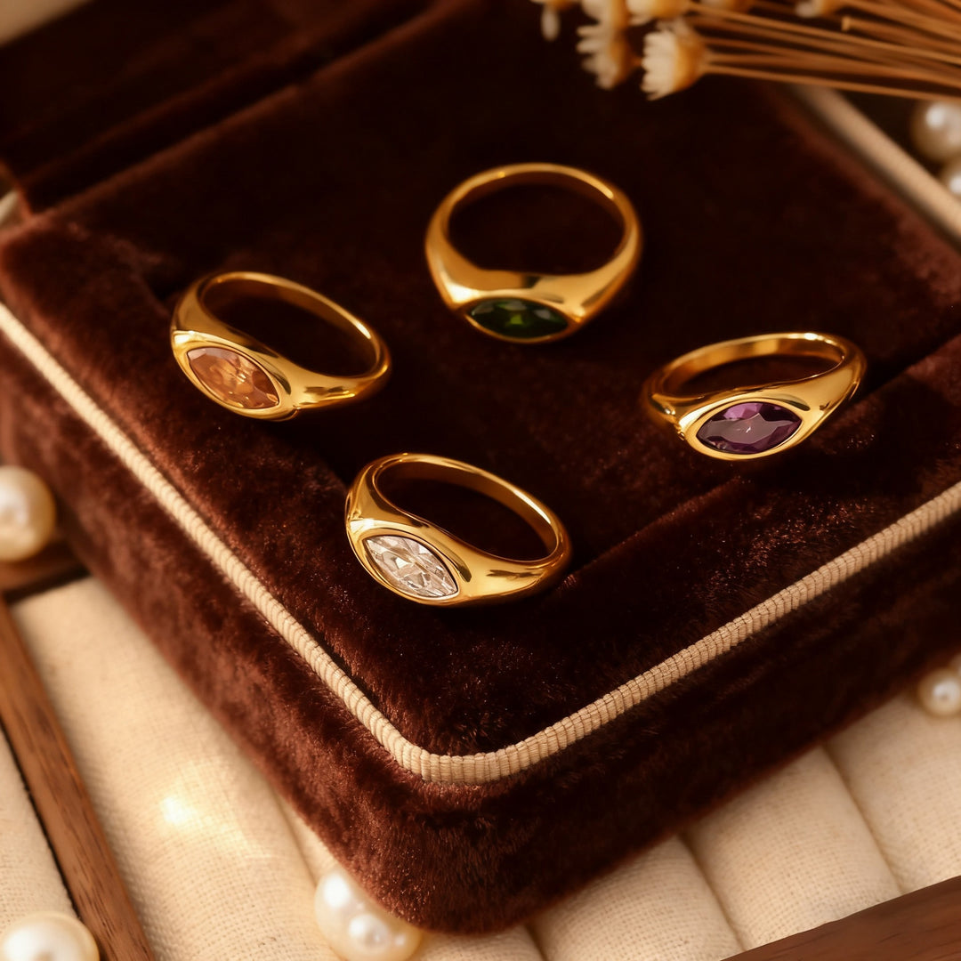 Marquise‑Cut Colored Gemstone Bezel‑Set Wide‑Band Gold‑Plated S925 Sterling Silver Ring, Multi‑Colors Available