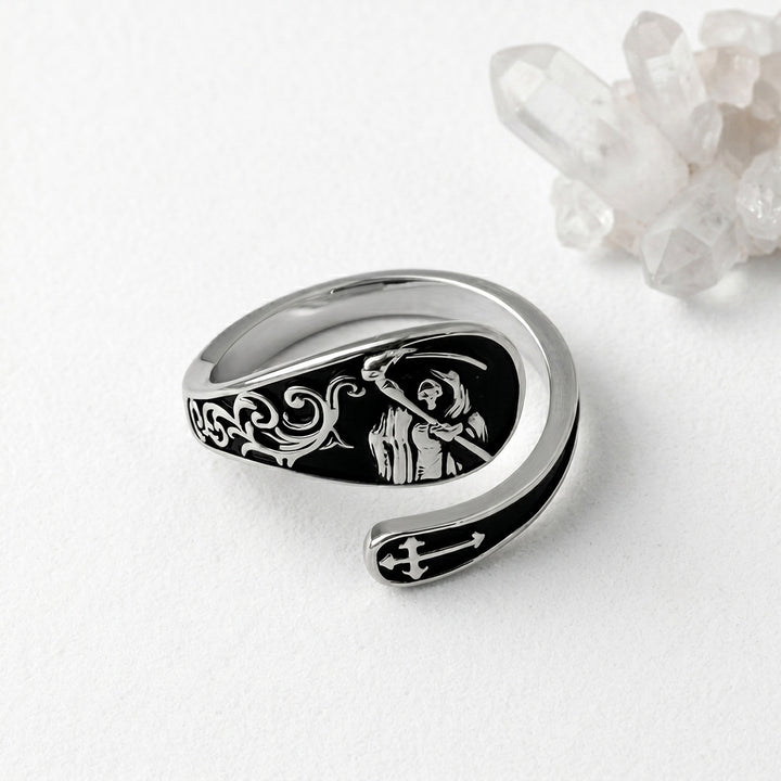 Grim Reaper Cross Open‑Adjustable Ring