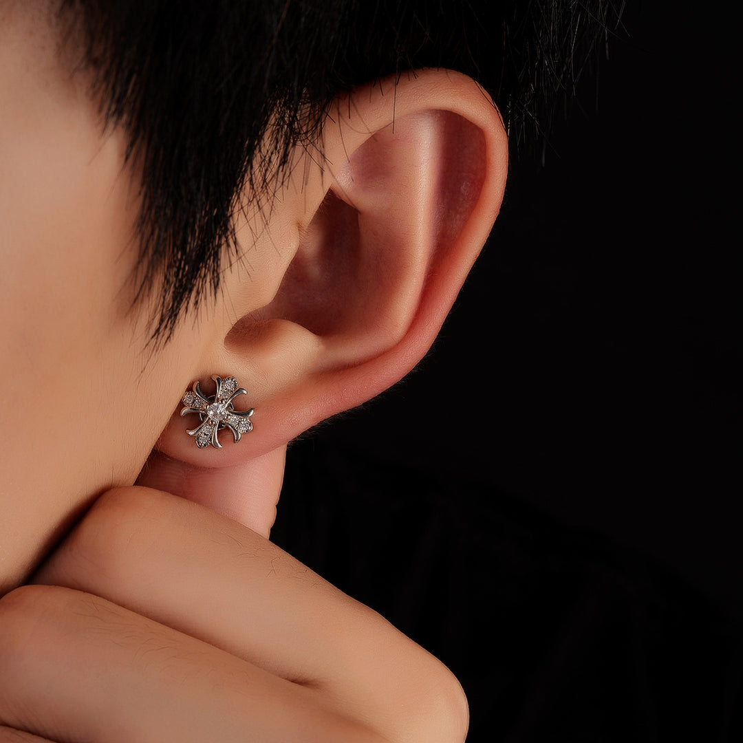 Vintage Cross Pavé Stud Earrings (Clip-On Punk Niche Jewelry)