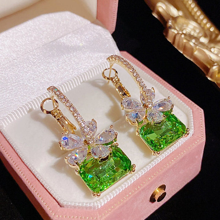Green Square Diamond Flower Hoop Earrings, Fresh Square Green Gem Floral Diamond Dangle Earrings, Gold Luxury Earrings