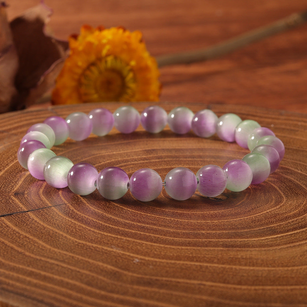 Dual‑Color Cat's Eye Stone Round Bead Bracelet, Purple‑Green Gradient Single Loop Bracelet, Niche Crystal Style Women Jewelry