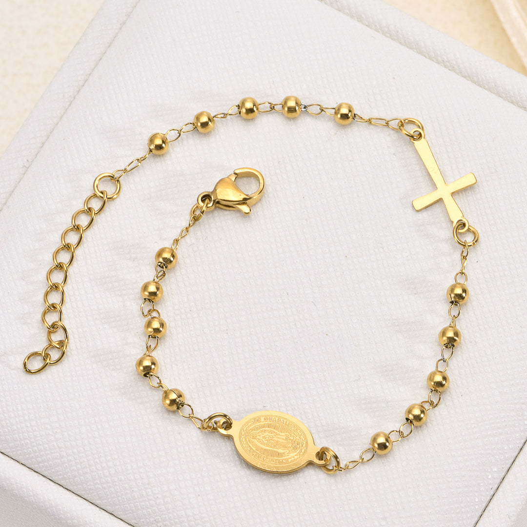 Beaded Chain Cross & Saint Medal Bracelet, Gold & Silver Minimal Religious Jewelry