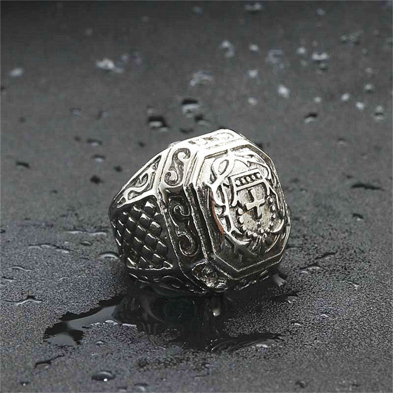 Vintage Embossed Cross Floral Hexagon Signet Ring, S925 Silver Antiqued European Royal Wide Band For Men