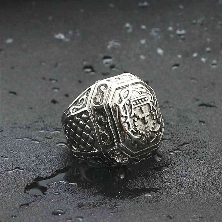 Vintage Embossed Cross Floral Hexagon Signet Ring, S925 Silver Antiqued European Royal Wide Band For Men