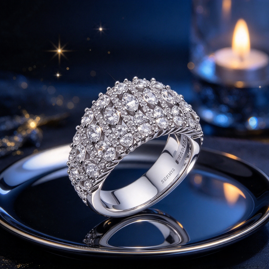 Wide Intertwined Full Stone S925 Silver Ring, Luxurious Banquet Band