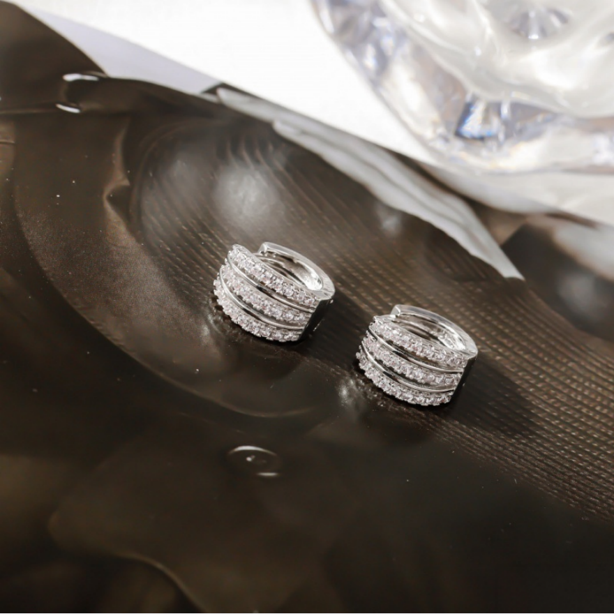 Multi‑Row Pave‑Set C‑Shape Huggie S925 Silver Earrings