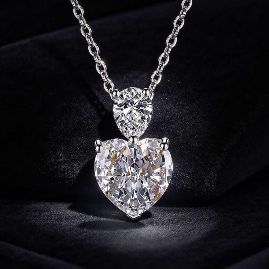 Heart & Pear Shape Double Diamond Pendant Necklace, S925 Silver Heart Diamond Women's Choker