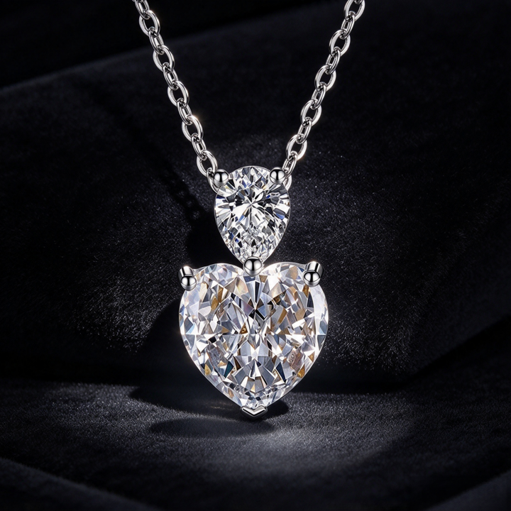 Heart & Pear Shape Double Diamond Pendant Necklace, S925 Silver Heart Diamond Women's Choker
