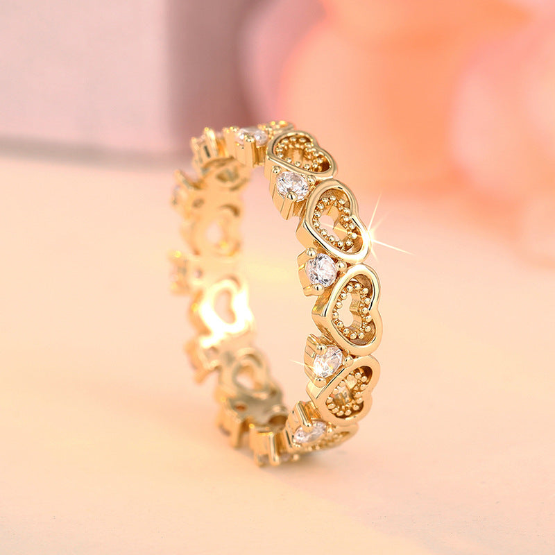 Hollow Heart Paved Diamond Eternity Band Ring, Gold & Silver Dainty Stackable Closed Ring for Women